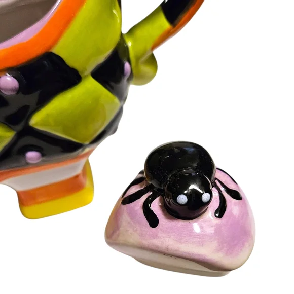 Ceramic Halloween Witch's Boot Teapot Spider Lid Harlequin Check Whimsical Decor - Picture 13 of 16
